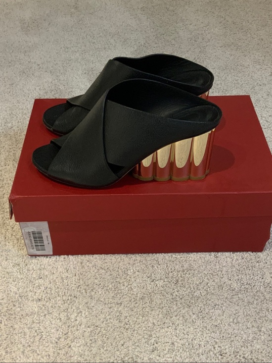 Salvatore Ferragamo Shoes - Salvatore Ferragamo Black Leather Mules with Gold Sculptural Heel